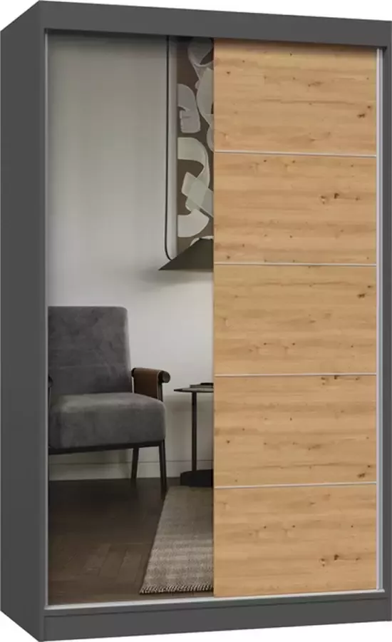 Kledingkast -Garderobekast-Kledingkast Met Spiegel -Antraciet Met Eiken