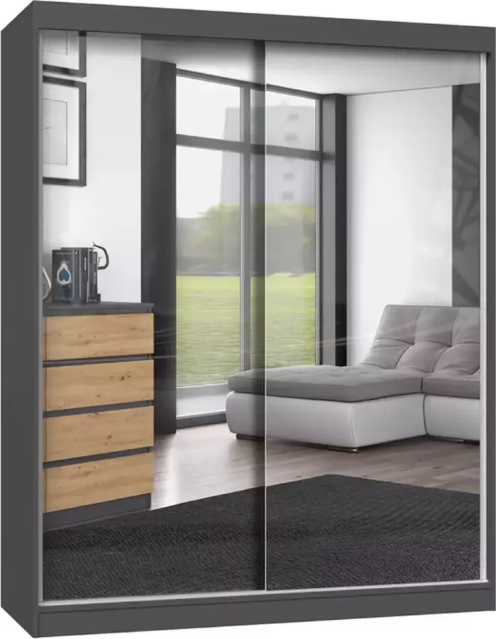 Kledingkast -Garderobekast-Kledingkast Antraciet Met Spiegel-160 cm