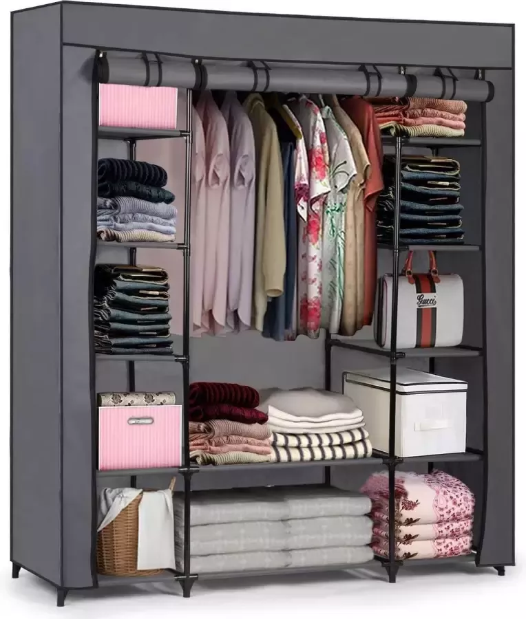 Songmics Dubbele Canvas Garderobekast Opvouwbare Garderobe kast Met Kleding Ophangrail en opslag planken Stoffen Hangkast & Legkast Kledingkast Afm. 170 x 135 x 45 cm