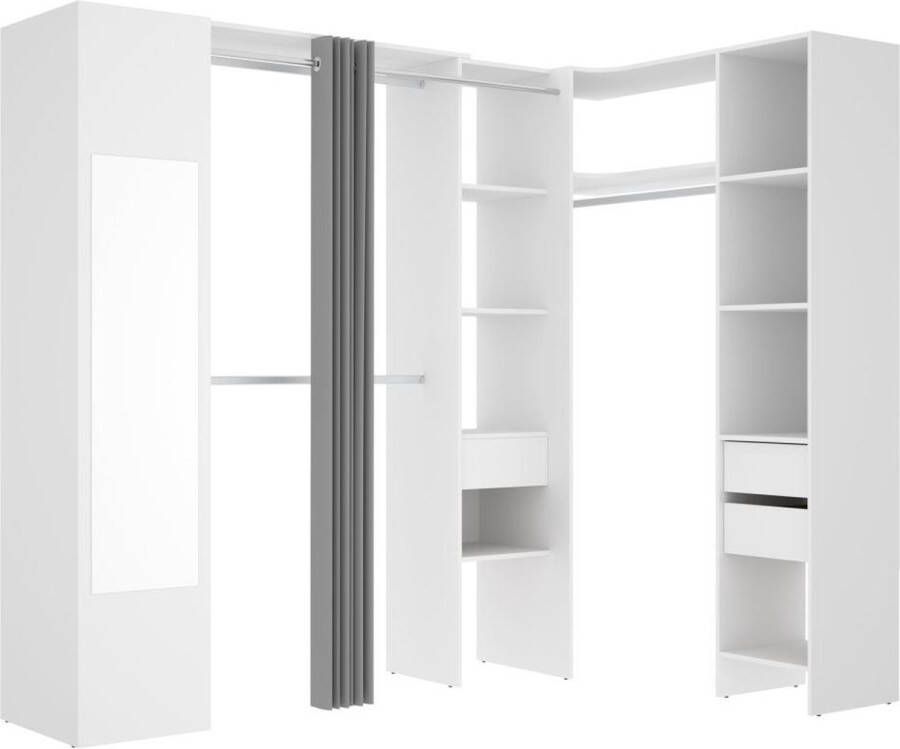 Vente-unique Hoekkledingkast met gordijn en 1 deur Met spiegel L231 cm Wit en grijs BERTRAND L 231.5 cm x H 205 cm x D 141 cm - Foto 2