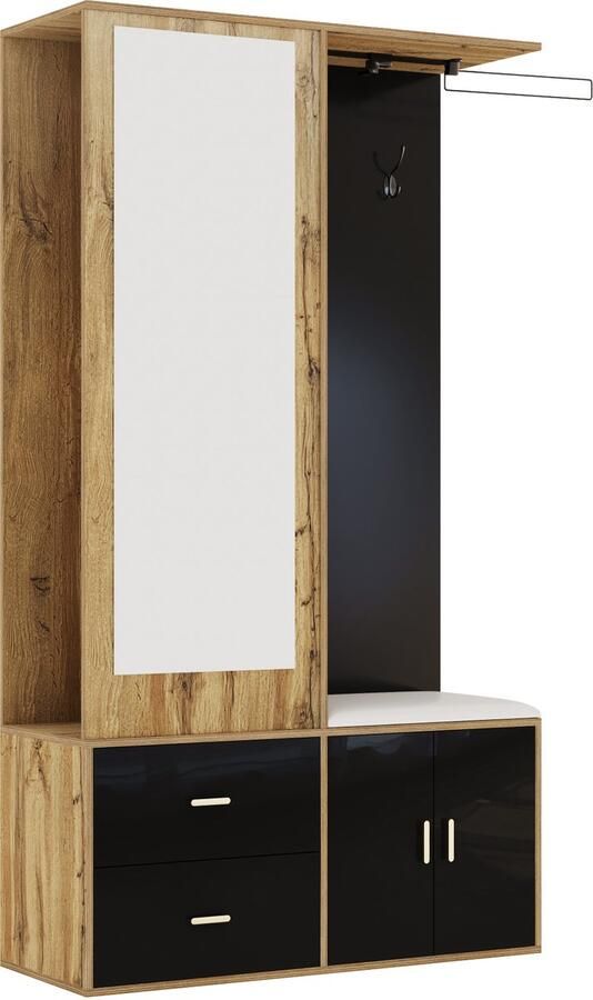 Kledingkast inkomkast schoenenkast met spiegel schoenbank haakjes uitrekbaar kleerrek 2 laden en 2 deuren Moderne minimalistische vormgeving 100x38x180 cm Combinatiedesign van zwart en houten kleur