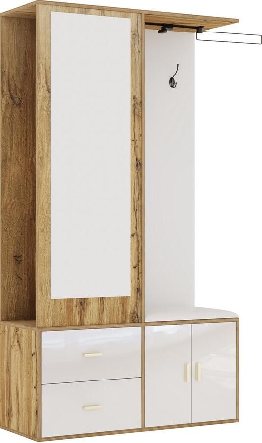 Kledingkast inkomkast schoenenkast met spiegel schoenbank haakjes uitrekbaar kleerrek 2 laden en 2 deuren Moderne minimalistische vormgeving 100x38x180 cm Combinatiedesign van wit en houten kleur