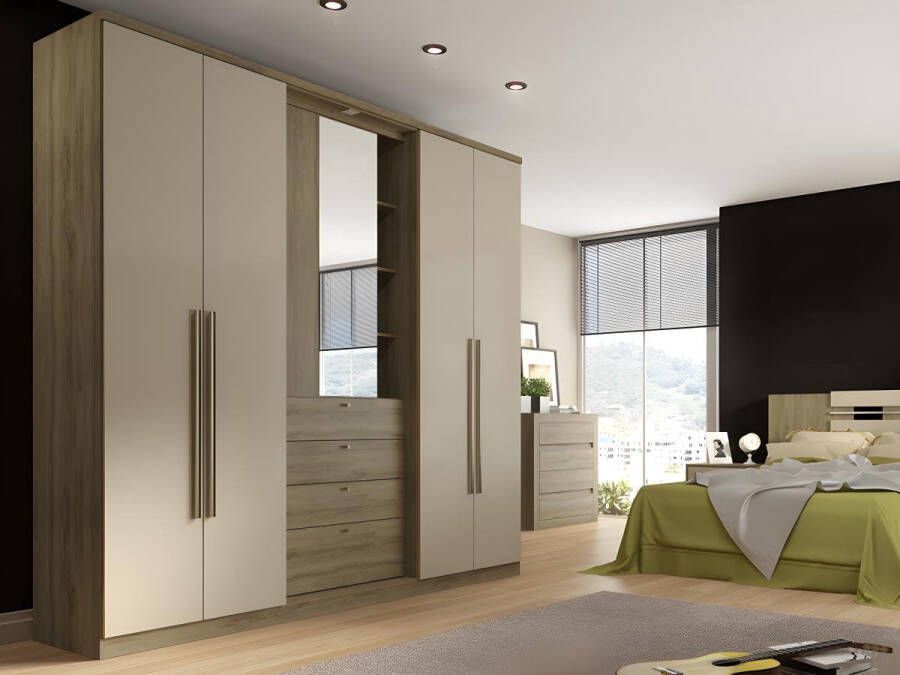 Vente-unique Kledingkast ISAK 4 deuren Spiegel en laden L240 cm Eiken en ivoorkleur L 240 cm x H 231 cm x D 53.8 cm - Foto 2