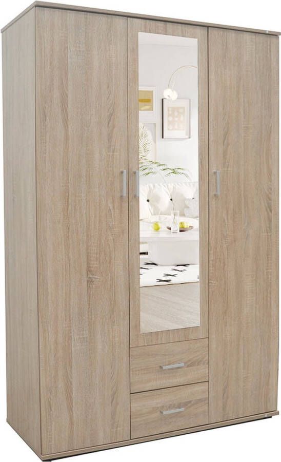 Kledingkast Jean 3-deurs Spiegel Jean Sonoma Breedte 120 cm Hoogte 185 cm Diepte 52 cm Met lades Met hanggedeelte Met planken Met openslaande deuren