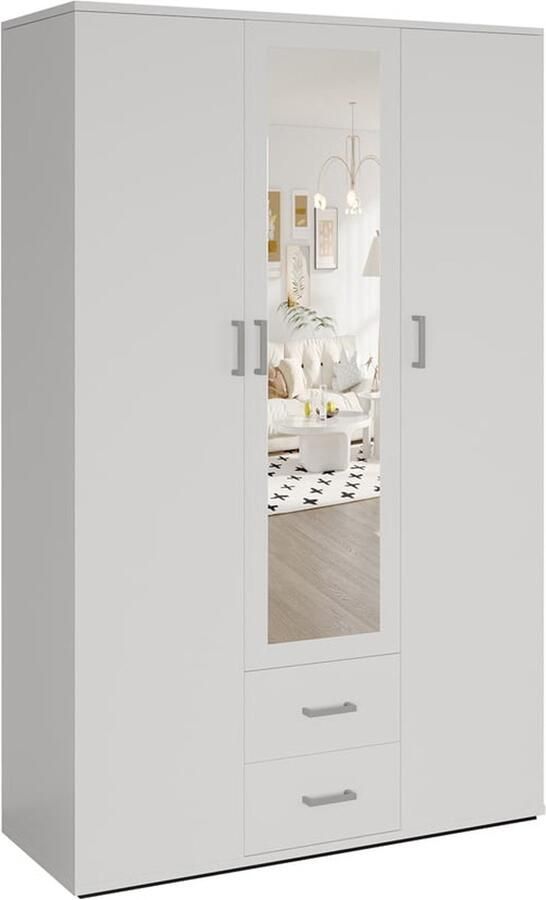 Kledingkast Jean Wit MDF Breedte 120 cm Hoogte 185 cm Diepte 52 cm Met lades Met hanggedeelte Met planken Met openslaande deuren