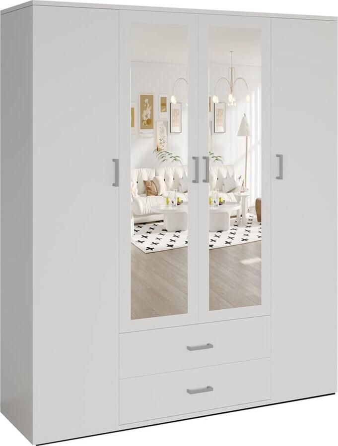 Kledingkast Jean Wit MDF Breedte 160 cm Hoogte 185 cm Diepte 52 cm Met lades Met hanggedeelte Met planken Met openslaande deuren