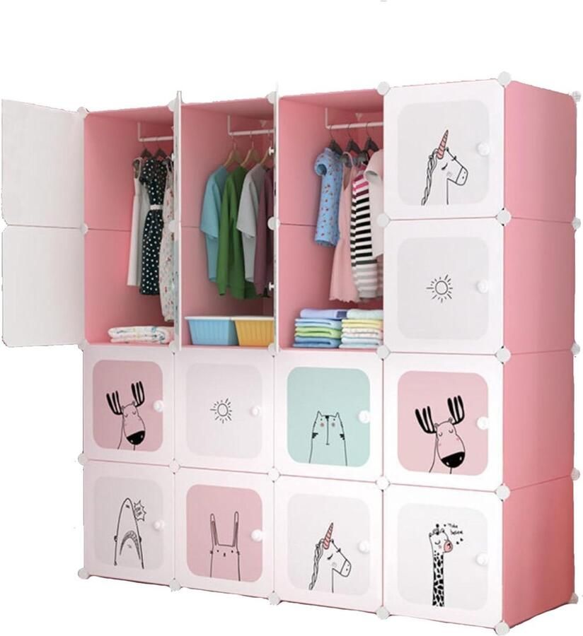 Kledingkast Kinderen Modulaire Rekken Kindergarderobe Organizer Opbergrek voor Thuis 16 modules 140x140 cm