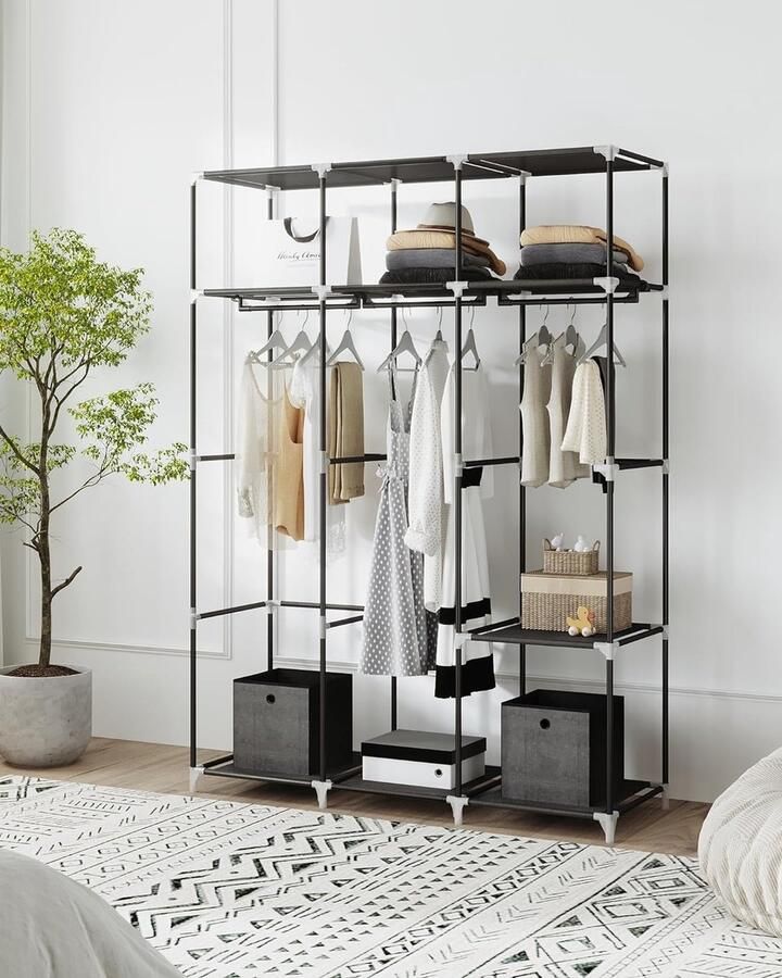 Kledingkast kledingkasten vrijstaande garderobe met kledingstangen kapstokken stoffen planken metalen frame 3 kledingstangen met 9 vakken 43 x 162 x 176 cm zwart