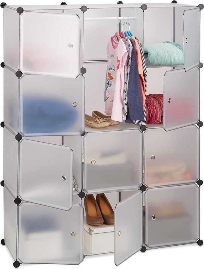 Kledingkast kliksysteem 11 vakken 2 kledingroedes kunststof garderobe modern transparant Kledingkast