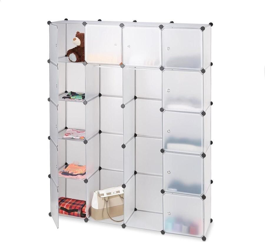 Kledingkast kliksysteem 14 vakken 2 kledingroedes kunststof garderobekast transparant