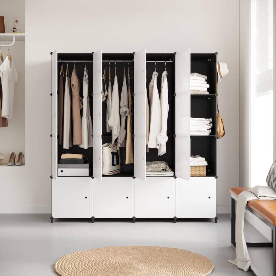 Kledingkast Kunststof kastruimte gemaakt van modules DIY Rekken Kledingkast met deuren garderobekast Van PP-Kunststof geschikt voor kleding schoenen boeken speelgoed 16 Kubussen
