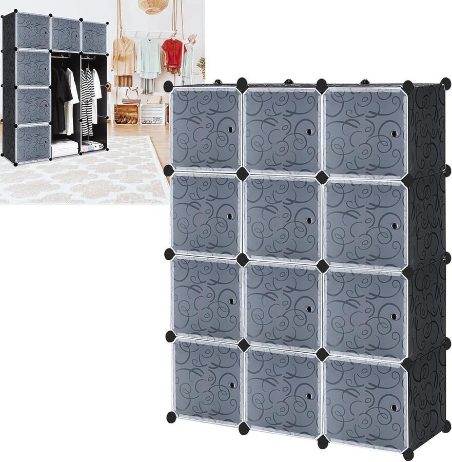Kledingkast met 12 kubussen draagbaar reksysteem voor boeken en speelgoed