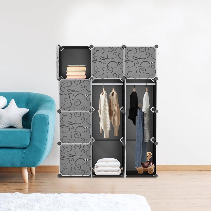 Kledingkast met 12 Opslagvakken DIY Garderobekast (BxHxD): 140x105x35cm Zwart Kunststof slaapkamer woonkamer Extra Grote Kleerkast Modulaire Wandkast Modern-stijl 10KG Draagkracht voor hangende kleding&ruimtebesparing