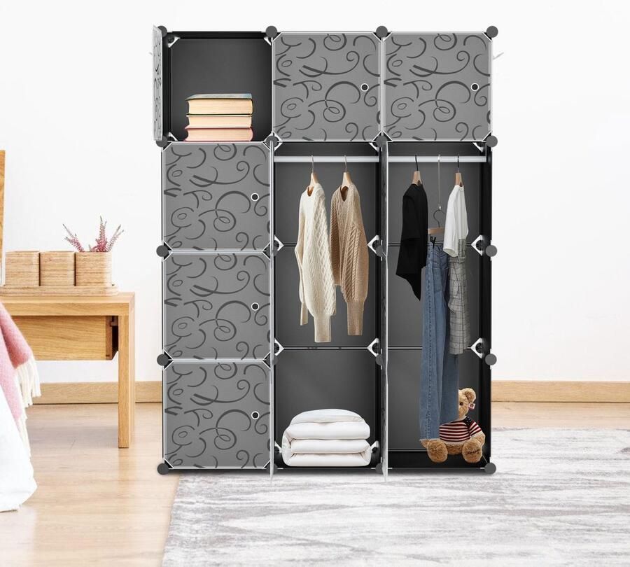 Kledingkast met 12 Opslagvakken DIY Garderobekast (BxHxD): 140x105x35cm Zwart Kunststof slaapkamer woonkamer Extra Grote Kleerkast Modulaire Wandkast 10KG Draagkracht voor hangende kleding&ruimtebesparing