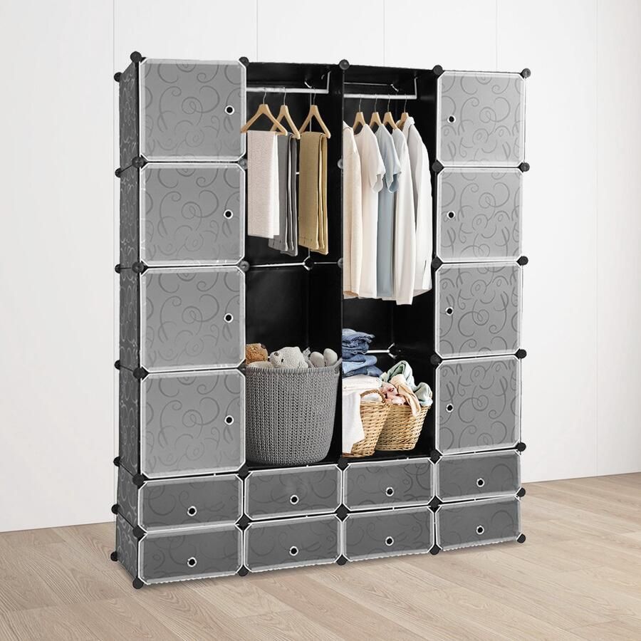 Kledingkast met 16 opbergvakken DIY Kledingkast opvouwbaar 152x190x37cm Om kleding op te hangen en ruimte te besparen Kunststof Zwart