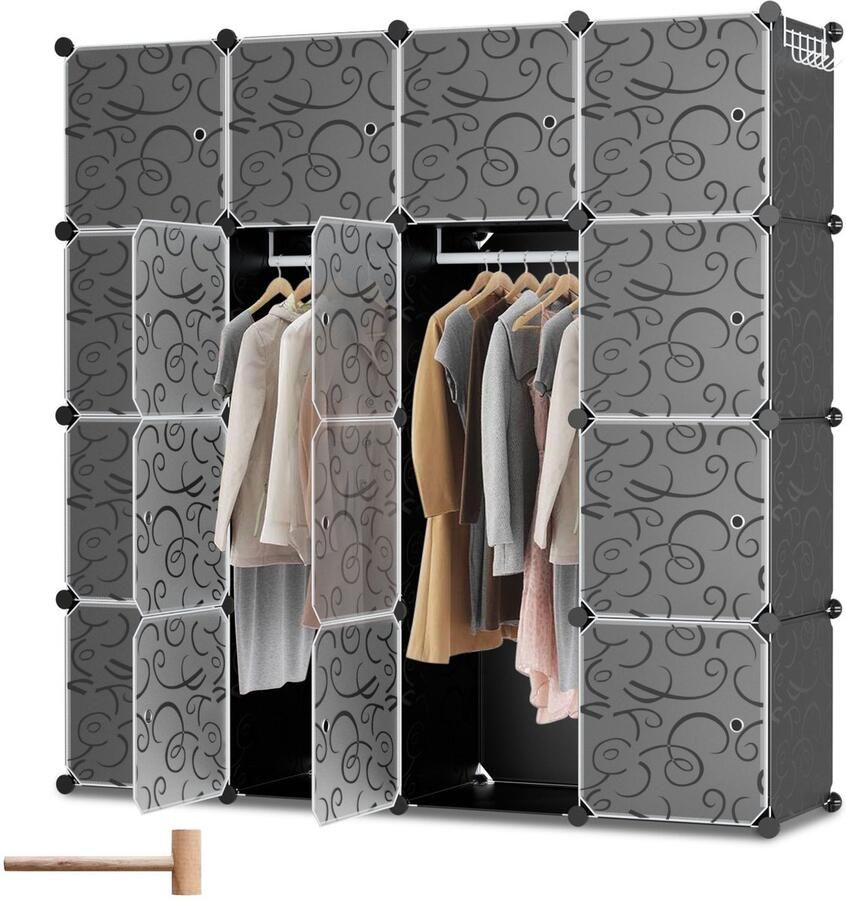 Kledingkast met 16 Opslagvakken DIY Garderobekast (BxHxD): 140x140x35cm Zwart Kunststof slaapkamer woonkamer Extra Grote Kleerkast Modulaire Wandkast- 10KG Draagkracht voor hangende kleding&ruimtebesparing