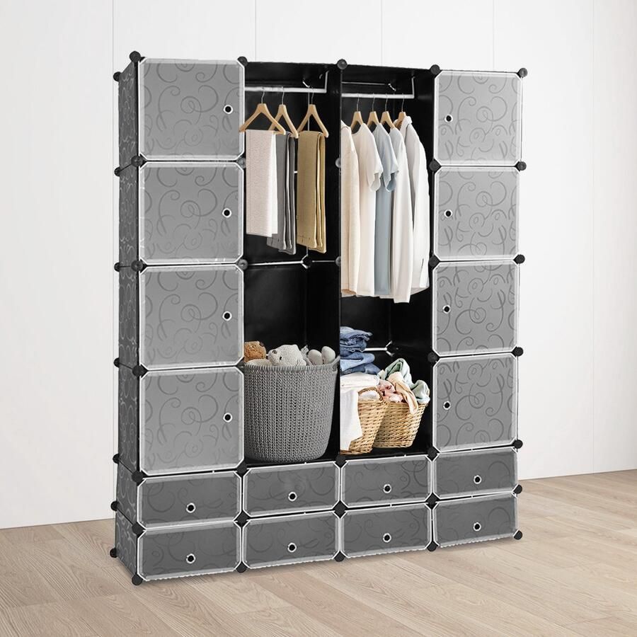 Kledingkast met 16+8 Opslagvakken DIY Garderobekast (BxHxD): 142x180x37cm Zwart Kunststof slaapkamer woonkamer Extra Grote Kleerkast Modulaire Wandkast Modern-stijl 10KG Draagkracht voor hangende kleding&ruimtebesparing