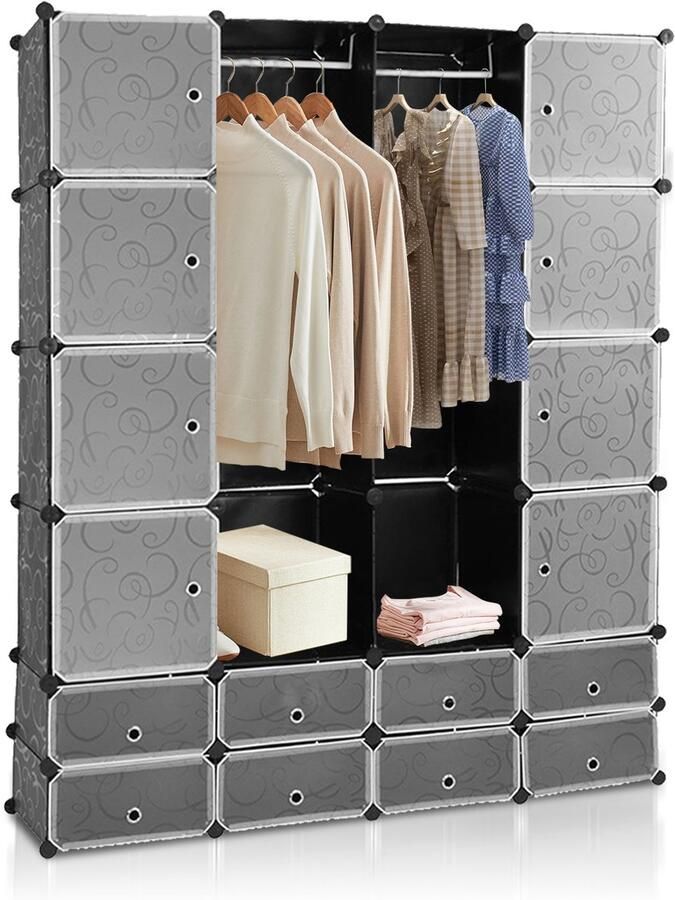 Kledingkast met 16+8 Opslagvakken DIY Garderobekast (BxHxD): 152x190x37cm Zwart Kunststof slaapkamer woonkamer Extra Grote Kleerkast Modulaire Wandkast- 10KG Draagkracht voor hangende kleding&ruimtebesparing