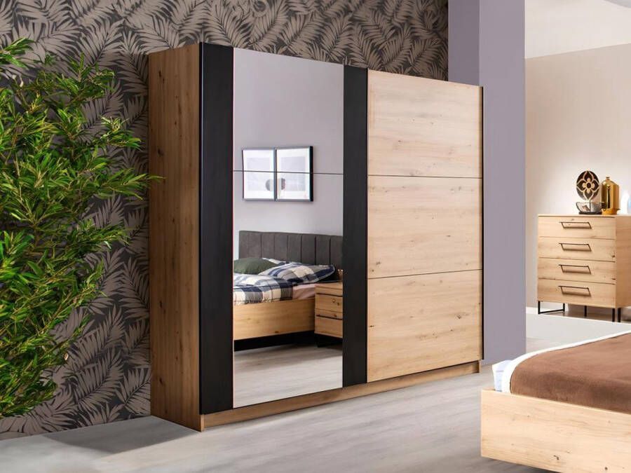 Vente-unique Kledingkast met 2 schuifdeuren PHILADELPHIE Met spiegel L217 cm Eiken en zwart L 217 cm x H 210 cm x D 62.5 cm - Foto 3