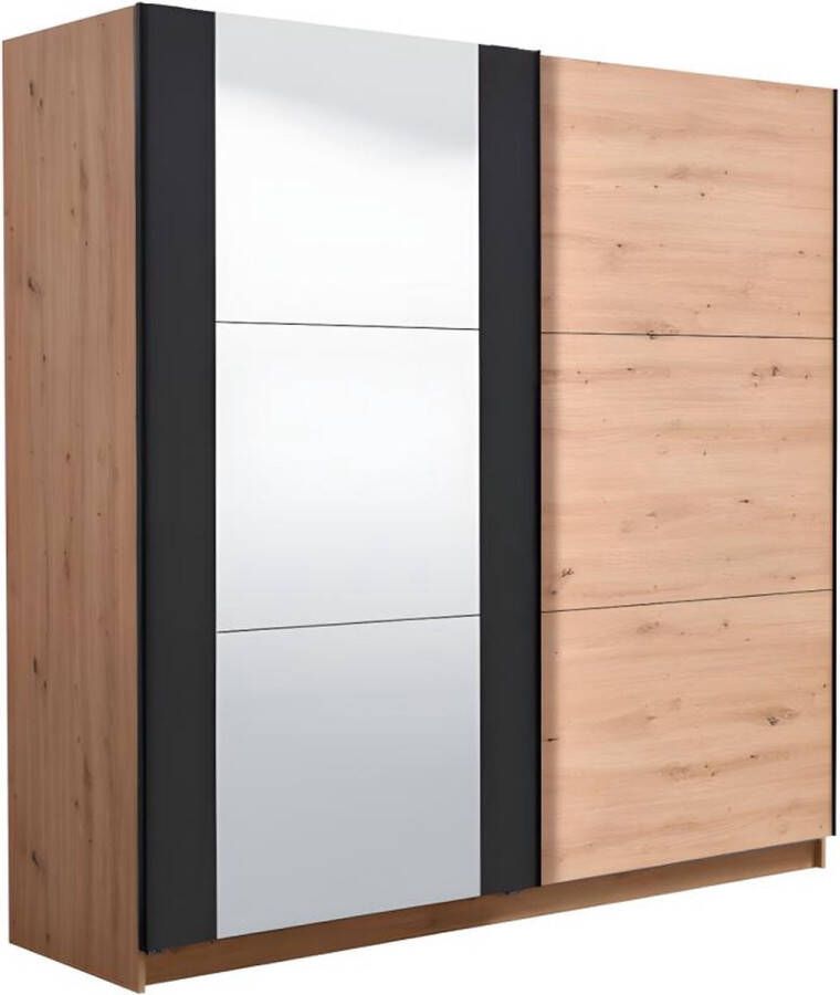 Vente-unique Kledingkast met 2 schuifdeuren PHILADELPHIE Met spiegel L217 cm Eiken en zwart L 217 cm x H 210 cm x D 62.5 cm - Foto 4