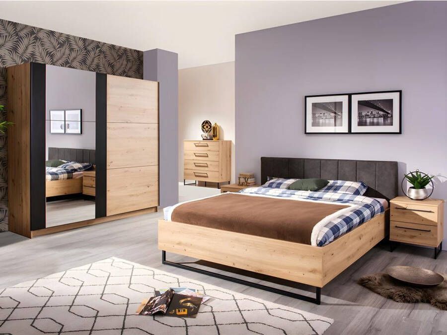 Vente-unique Kledingkast met 2 schuifdeuren PHILADELPHIE Met spiegel L217 cm Eiken en zwart L 217 cm x H 210 cm x D 62.5 cm - Foto 2