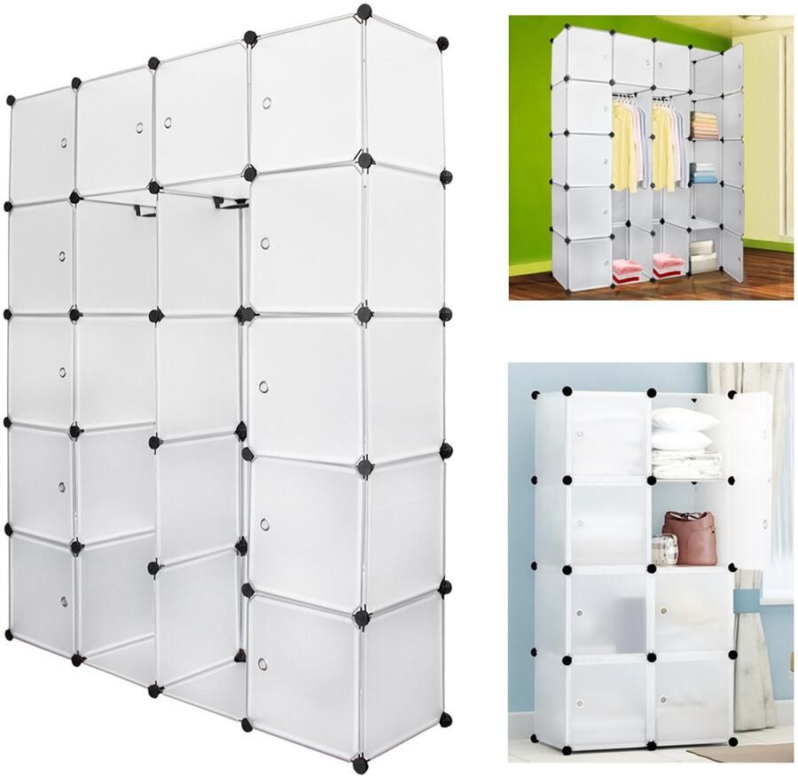 Kledingkast met 20 Opslagvakken DIY Garderobekast (BxHxD): 142x180x37cm Wit Kunststof slaapkamer woonkamer Extra Grote Kleerkast Modulaire Wandkast 10KG Draagkracht voor hangende kleding&ruimtebesparing