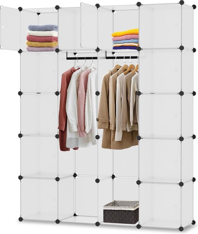 Kledingkast met 20 Opslagvakken DIY Garderobekast (BxHxD): 142x180x37cm Wit Kunststof slaapkamer woonkamer Extra Grote Kleerkast Modulaire Wandkast Modern-stijl 10KG Draagkracht voor hangende kleding&ruimtebesparing