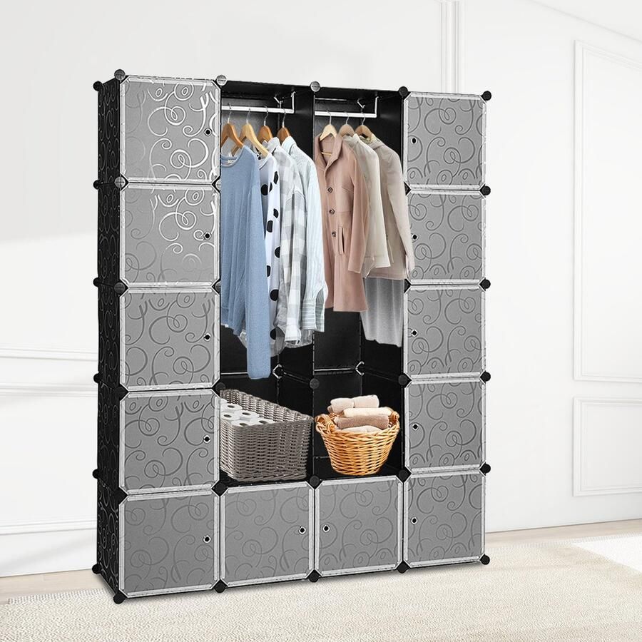 Kledingkast met 20 Opslagvakken DIY Garderobekast (BxHxD): 142x180x37cm Zwart Kunststof slaapkamer woonkamer Extra Grote Kleerkast Modulaire Wandkast Modern-stijl 10KG Draagkracht voor hangende kleding&ruimtebesparing