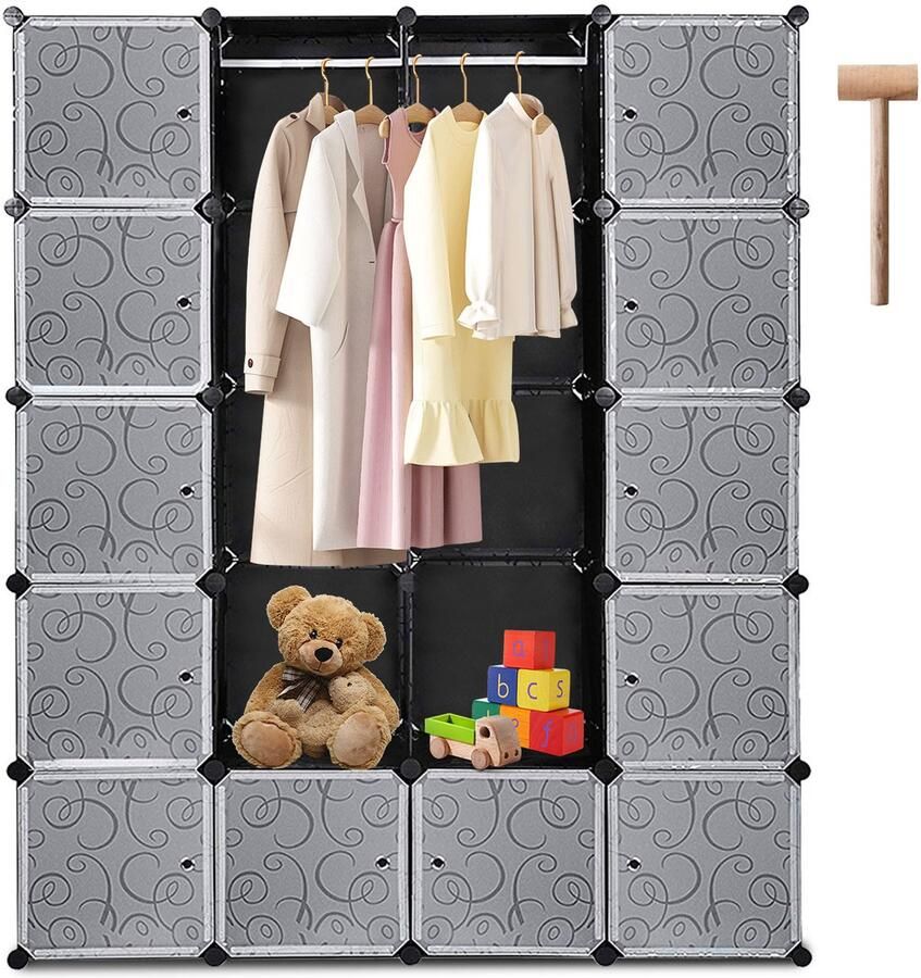 Kledingkast met 20 Opslagvakken DIY Garderobekast (BxHxD): 142x180x37cm Zwart Kunststof slaapkamer woonkamer Extra Grote Kleerkast Modulaire Wandkast 10KG Draagkracht voor hangende kleding&ruimtebesparing