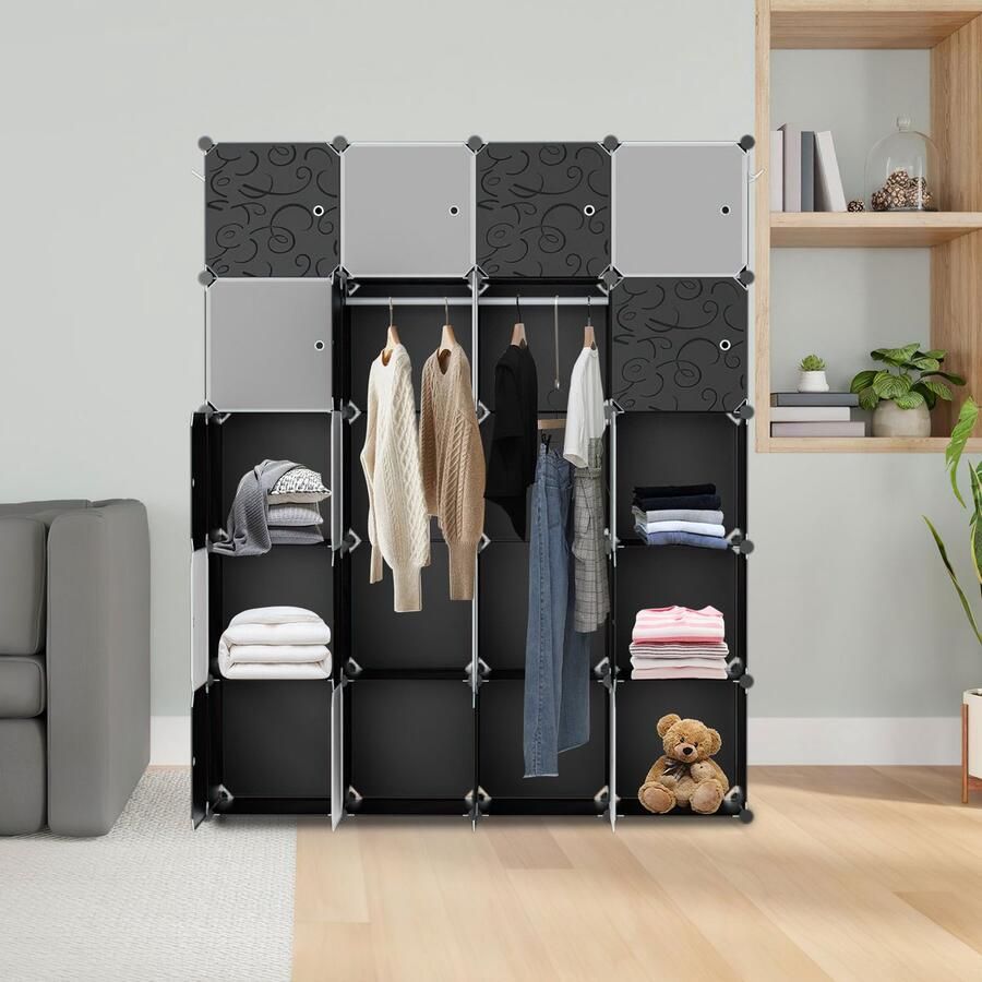 Kledingkast met 20 Opslagvakken DIY Garderobekast (BxHxD): 175x140x35cm- Zwart Kunststof slaapkamer woonkamer Extra Grote Kleerkast Modulaire Wandkast Modern-stijl 10KG Draagkracht voor hangende kleding&ruimtebesparing