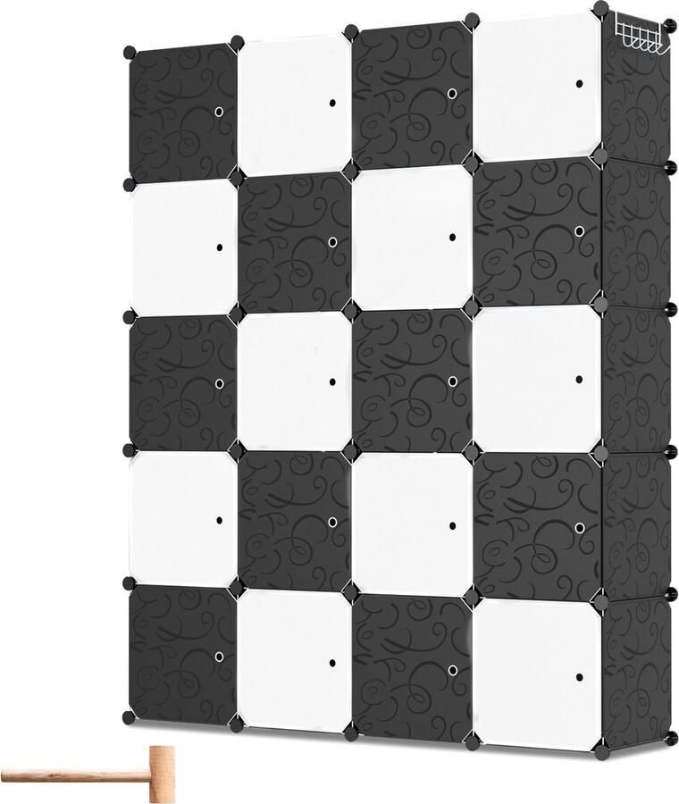 Kledingkast met 20 Opslagvakken DIY Garderobekast (BxHxD): 175x140x35cm- Zwart Kunststof slaapkamer woonkamer Extra Grote Kleerkast Modulaire Wandkast 10KG Draagkracht voor hangende kleding&ruimtebesparing