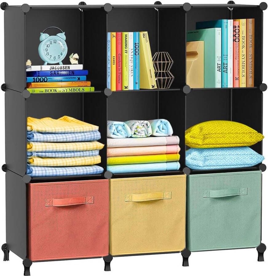 Kledingkast met 9 vakken opbergplanken doe-het-zelf plankenkubus PP-plank plastic kinderplank speelgoedplank opvouwbare kast planken staande plank zwart