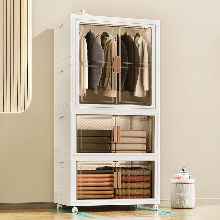 Kledingkast met grote draagbaarheid en opvouwbaar ontwerp kunststof vouwdressoir met hangstang en dubbele deuren (1 opknoping + 2 opberging)