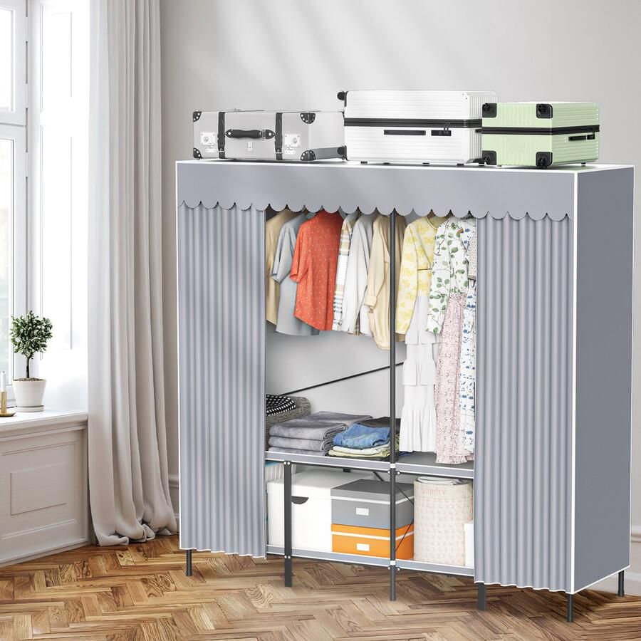 Kledingkast met kledingstaven Garderobekast Stoffen Vouwkast Kleerkast in Stof en Metaal Grijs 178 x 170 x 48 cm