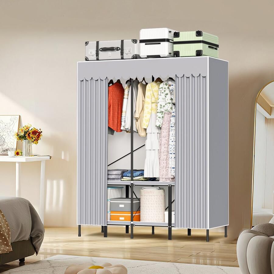 Kledingkast met kledingstaven Garderobekast Stoffen Vouwkast Kleerkast in Stof en Metaal Grijs 138 x 170 x 48 cm