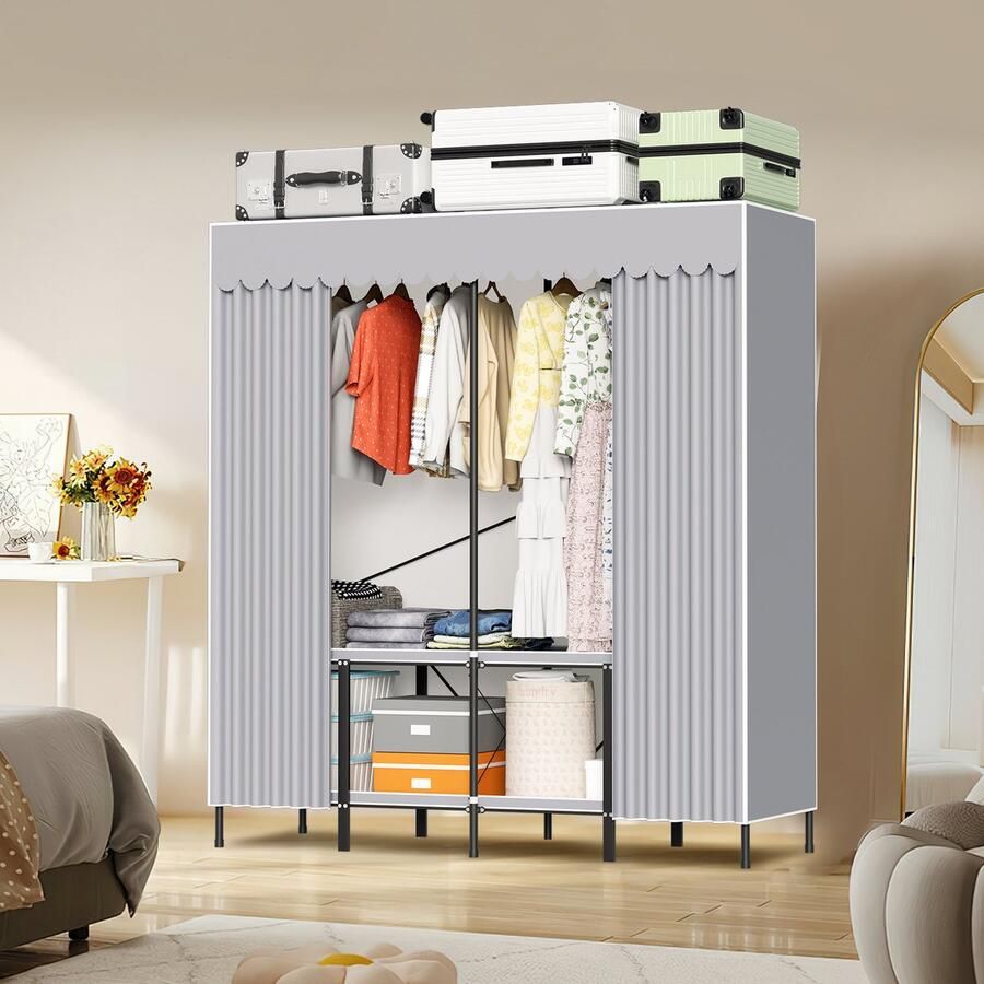 Kledingkast met kledingstaven Garderobekast Stoffen Vouwkast Kleerkast in Stof en Metaal Grijs 158 x 170 x 48 cm