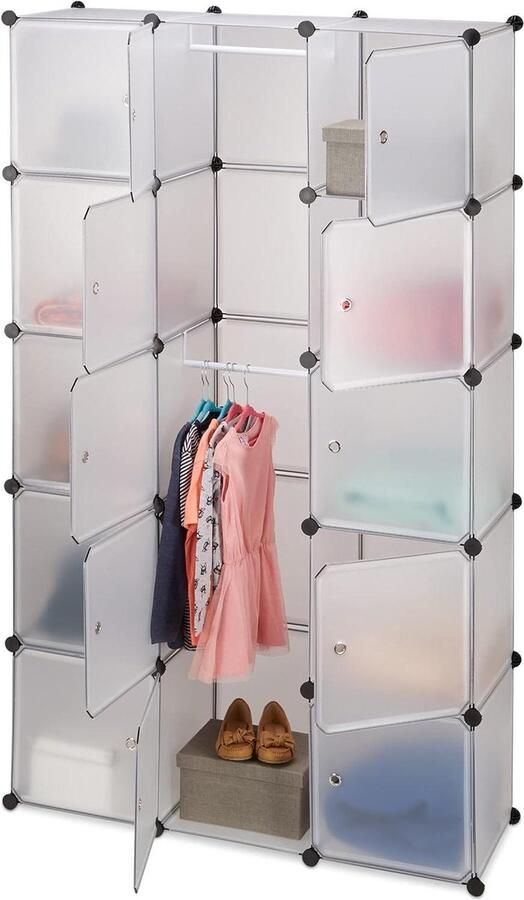 Kledingkast met kliksysteem 11 vakken en 2 kledingroedes kunststof garderobe transparant modern ontwerp kledingkast