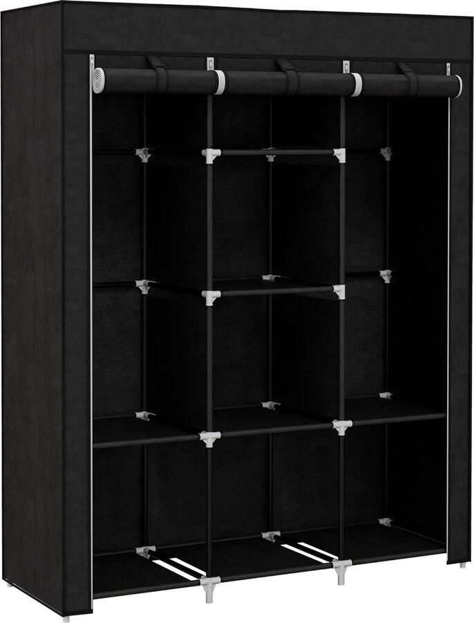 Kledingkast met meerdere opslag 8 planken 2 stangen afm. 125 x 43 x 162 5 cm staal zwart vlies zwart