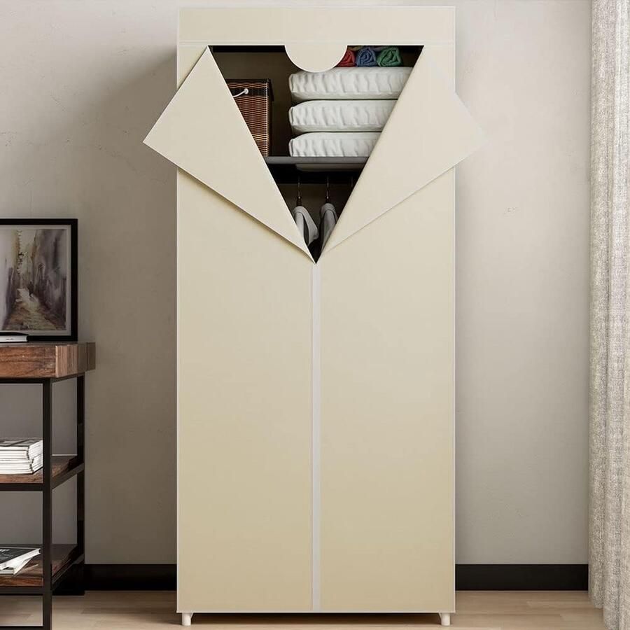 Kledingkast met metalen buisstructuur ruimtebesparende kast met TNT stoffen bekleding ritssluiting en campingkledingroede 46 160 cm (beige) gepoedercoat metaal 70x46x160 cm