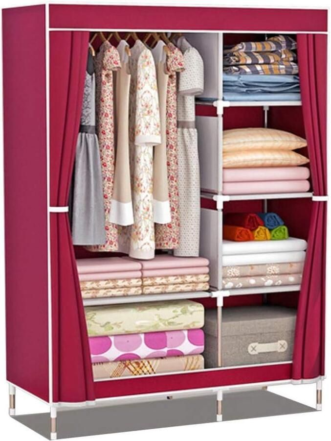 Kledingkast met vakken en zijvak stoffen kast garderobe met kledingstangen opslag voor kleding kledingrek kleedkamer slaapkamer (wijnrood) kledingkast - Foto 6