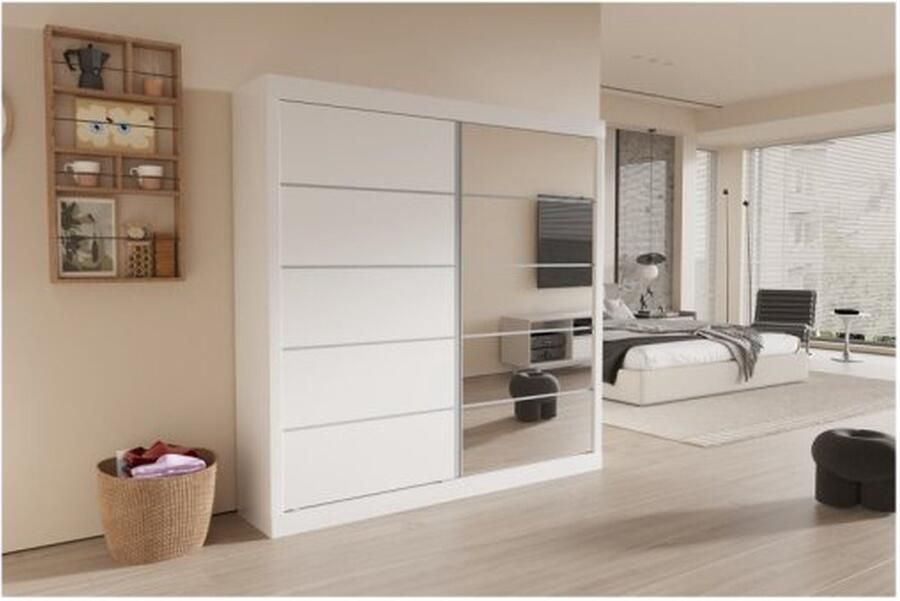 ZAZA Home Kledingkast 'Mike' 2 Schuifdeuren 1 Spiegeldeur Wit Spaanderplaat en decor + spiegel