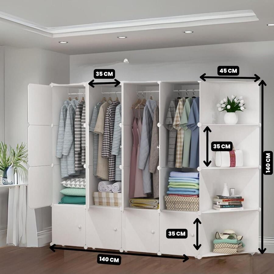 Kledingkast Modulerek Modulaire Kledingorganisatorgarderobe Opbergplank Slaapkamer 20 Modules 3 Staven 175x140 cm Wit