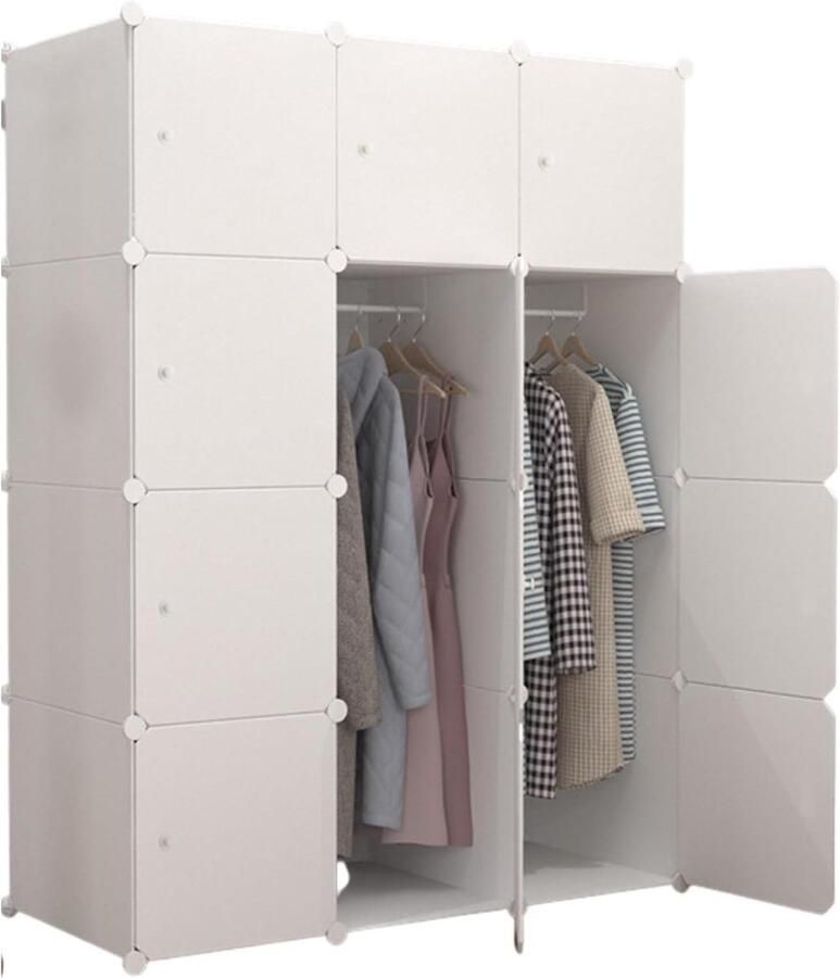 Kledingkast Modulerek Opbergplank voor Slaapkamer Modulaire Kledingorganisator Thuis Garderobe 12 Modules 2 Staven 140x105 cm Wit. Kledingkast