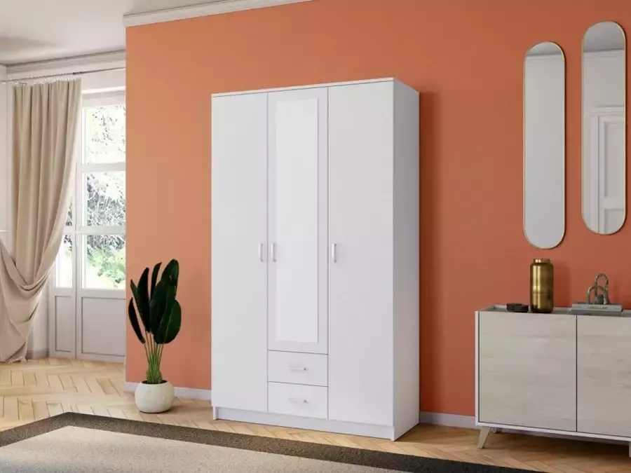 Kledingkast OLESSIA 3 deuren & 2 laden Met spiegel L20 cm Wit L 120 cm x H 205 cm x D 52 cm