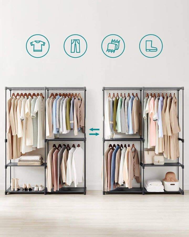 Kledingkast open kledingrek kledingstang garderobe 43 x 138 x 182 cm 3 hangvakken veel ruimte voor slaapkamer woonkamer zwart RYG025B02