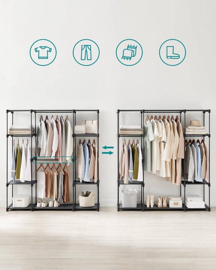 Kledingkast open kledingrek kledingstang garderobe 43 x 151 x 166 cm 4 hangcompartimenten veel ruimte voor slaapkamer woonkamer zwart RYG036B02