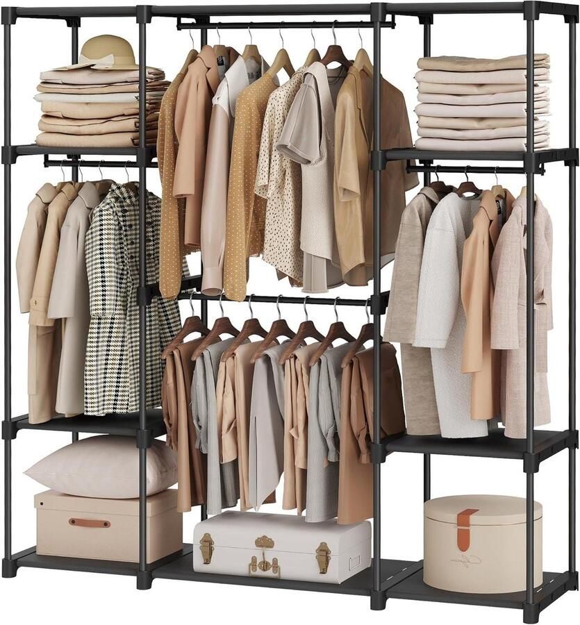 Kledingkast met open kledingrek en -stang garderobe 43 x 151 x 166 cm 4 hangcompartimenten zwart RYG036B02