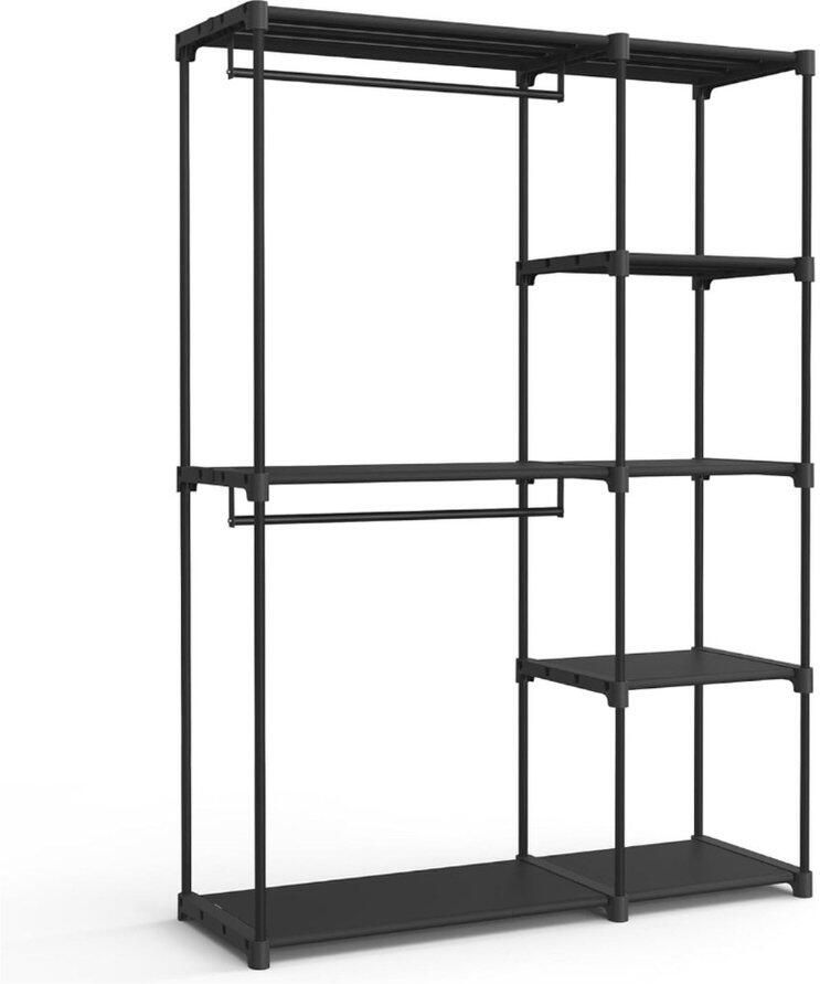 Kledingkast open vrijstaande kledingkast staande plank kledingrek met kledingstangen kapstok kleedkamer slaapkamer 43 x 124 x 182 cm zwart