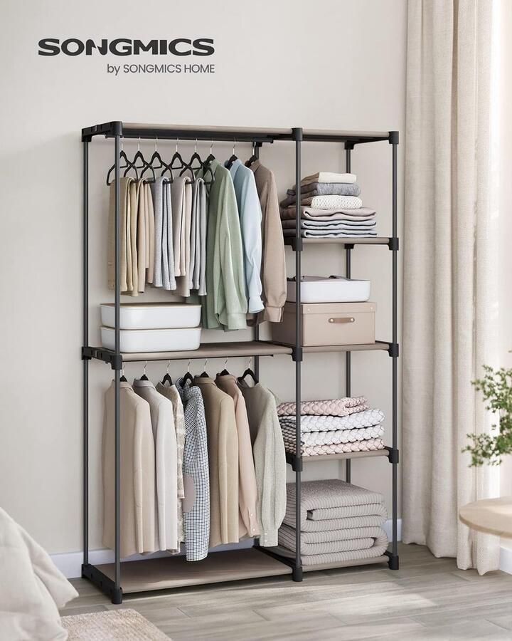 Kledingkast open vrijstaande kledingkast staande plank kledingrek met kledingstangen kapstok kleedkamer slaapkamer 43 x 124 x 182 cm taupe