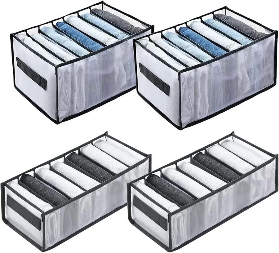 Kledingkast Organizer 4 stuks 7 rasters Opvouwbare laden Opbergsysteem Mesh Kledingopberger Box voor Kleding T-shirt Leggings Jeans Broek (Zwart)